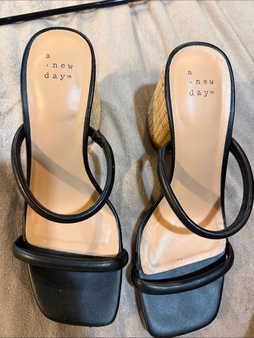 a.new day Black Strappy Wedge Sandals with Woven Heel